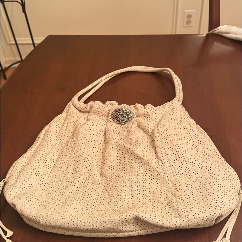 Brighton Cream Perforated Hobo with Jeweled Accent